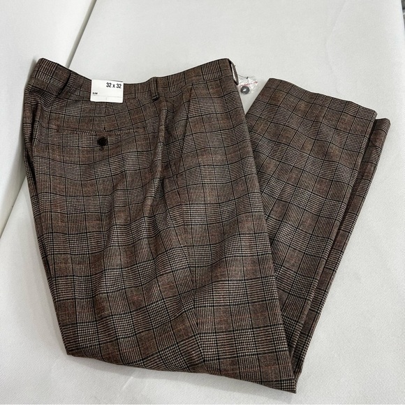 Express Brown Plaid Trousers Pants Size W32" X L28" Slim Zip Fly - Picture 1 of 9